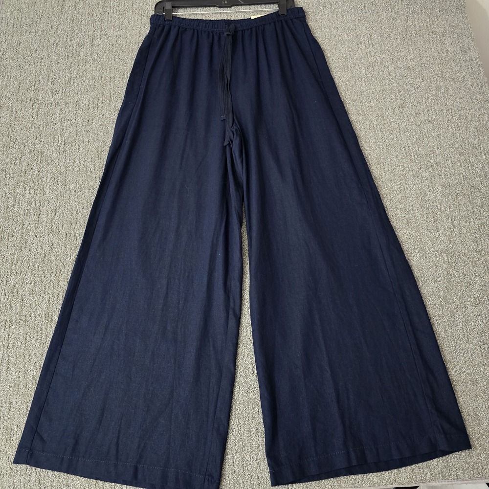 Max Studio London NWT Linen Blend Wide Leg Pants Navy Size L Drawstring
